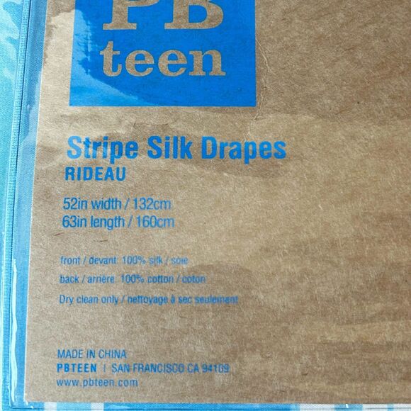 Pottery Barn Teen Blue Stripe Silk Drapes - 1 Panel 52" W x 63"L w/Drapery Hooks - Picture 2 of 3